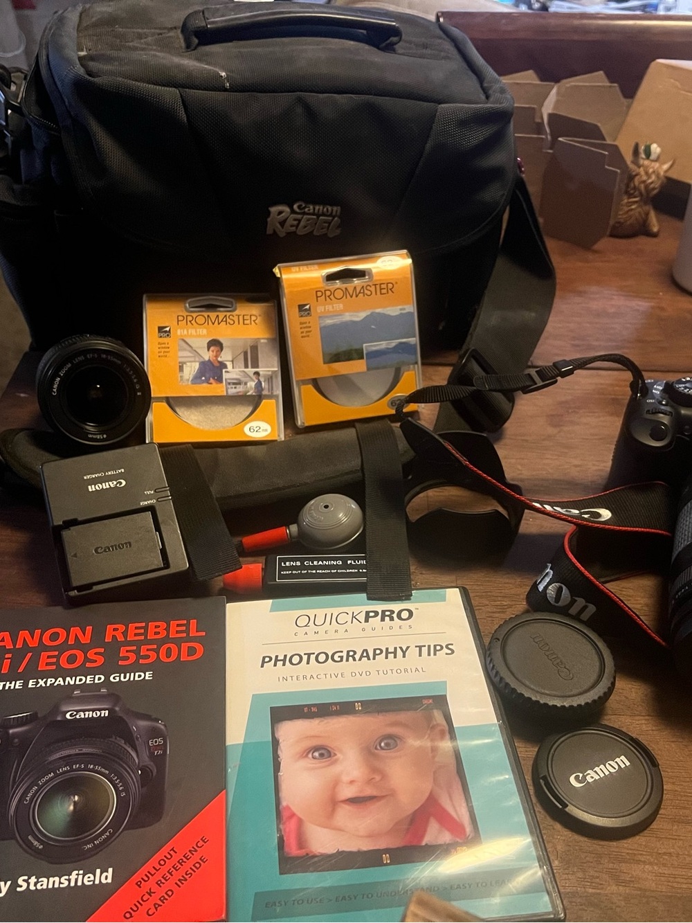 Canon Black Camera Bag with Accessories and Lens Filters